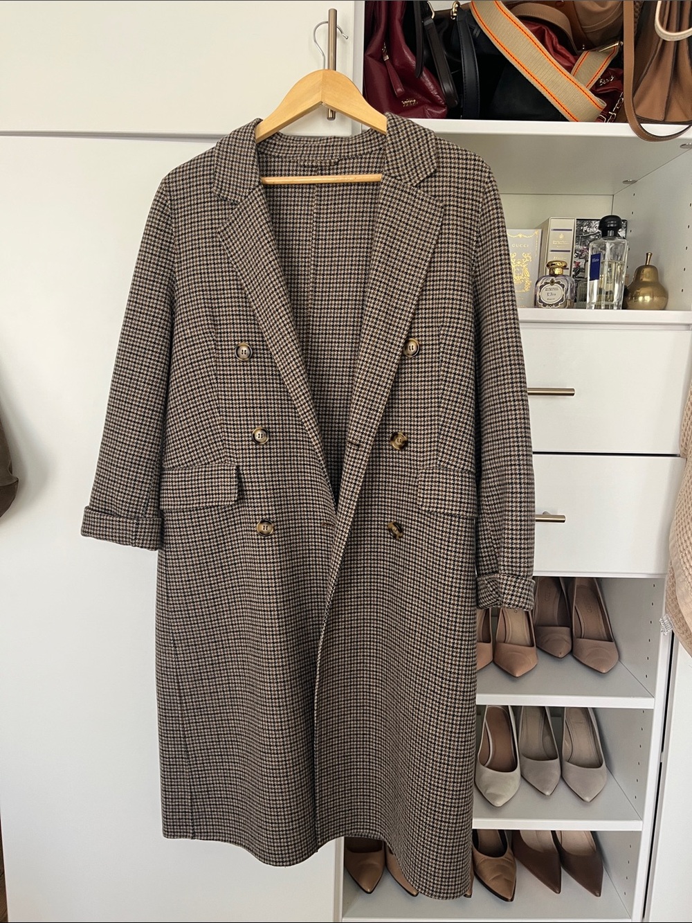 & Other Stories Brown Houndstooth Double-Breasted Trench Coat
